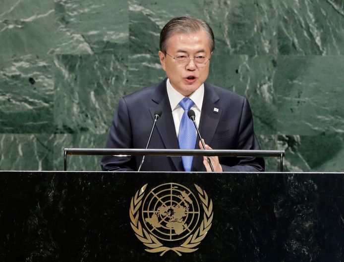 De Zuid-Koreaanse president Moon Jae-in spreekt de algemene vergadering van de Verenigde Naties toe.