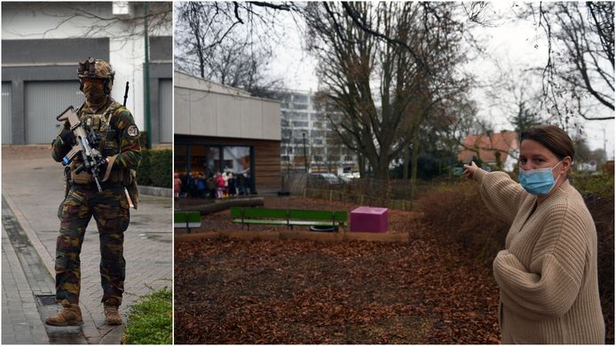 Eén van de anonieme elitesoldaten aan het appartementsgebouw en schooldirecteur Katrien Helsen.