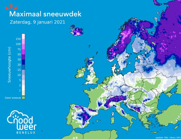 Tijdens het weekend ligt er op veel plaatsen in Europa een sneeuwlaag van betekenis.