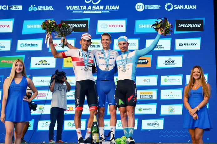 epa08186500 Stage winner Quick Step team rider Zdenek Stybar (C) of the Czech Republic, Juan Sebastian Molano (L) of Colombia, second place, and Rudy Barbier (R) of France, third place, celebrate on the podium during the awards ceremony of the Vuelta to San Juan's sixth stage in San Juan, Argentina, 01 February 2020.  EPA/DAVID RAMIRO