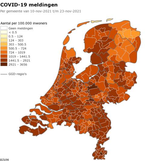 Het aantal coronabesmettingen per 100.000 inwoners in Nederland.