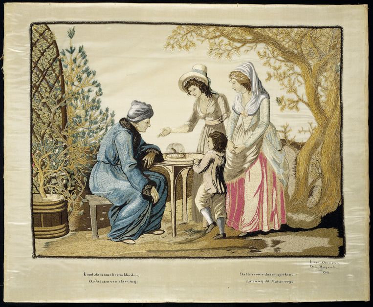 Borduurwerk van Louise van Ommeren-Hengevelt, 1794. De tekst eronder luidt: ‘Komt, daar onse harten bloeden / Op het zien van slavernij / Dat hier onse daden spreken / Laten wij dit Muisje vrij.’ Collectie Rijksmuseum. Beeld 