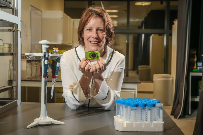 Liesbet Lagae met de veelbelovende chip. "We zijn 100% zeker dat hij werkt."
Foto: Pieter-Jan Vanstockstraeten / Photonews