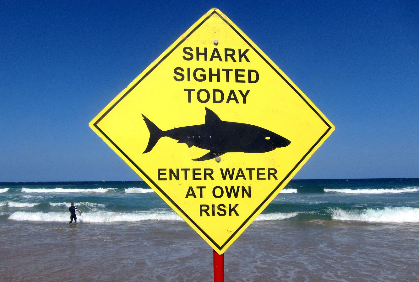 Een bord op een Australisch strand waarschuwt zwemmers en surfers voor de aanwezigheid van haaien.
