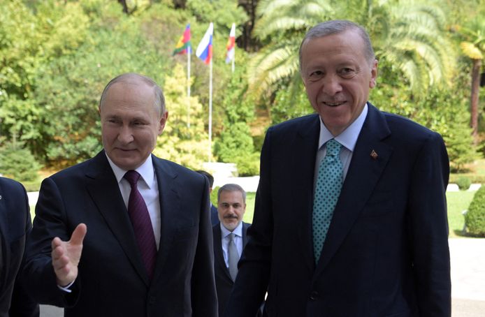 Poetin en Erdogan tijdens hun ontmoeting vandaag in de Russische stad Sotsji.