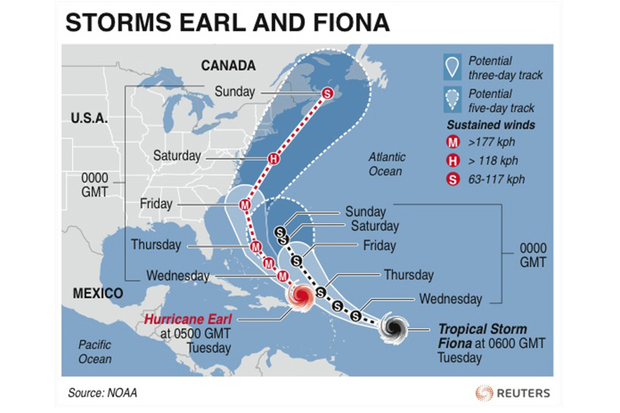 Het verwachte traject van orkaan Earl en tropische storm Fiona (Reuters) Beeld Reuters