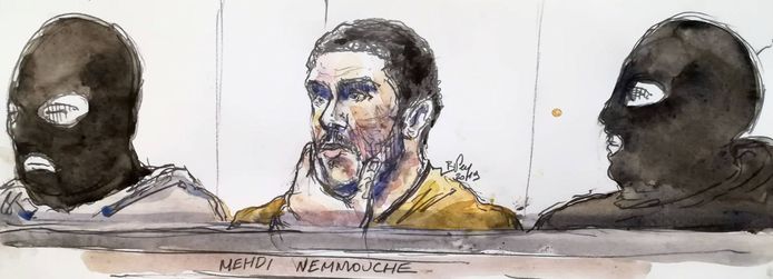 Mehdi Nemmouche op zijn proces volgens de pen van een parkettekenaar.