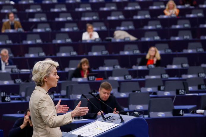 Europees Commissievoorzitter Ursula von der Leyen spreekt het Europees Parlement toe.