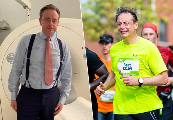 Bart De Wever (N-VA) wacht op de resultaten van een CT-scan. Door zijn klachten kon hij vorige maand niet meedoen aan de 10 Miles, zoals rechts in 2018.