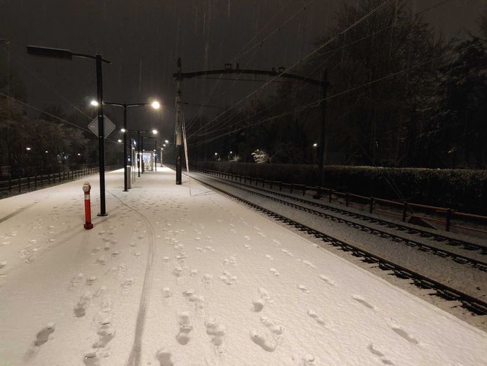 Station Tilburg Universiteit kleurde door de gevallen sneeuw ook wit.