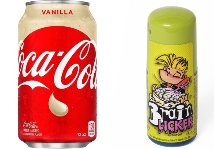 Cola met vanille smaak (links), Brainlickers (rechts)