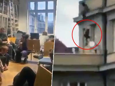 KIJK. Studenten springen op dak via richel en barricaderen deuren tijdens schietpartij Praag