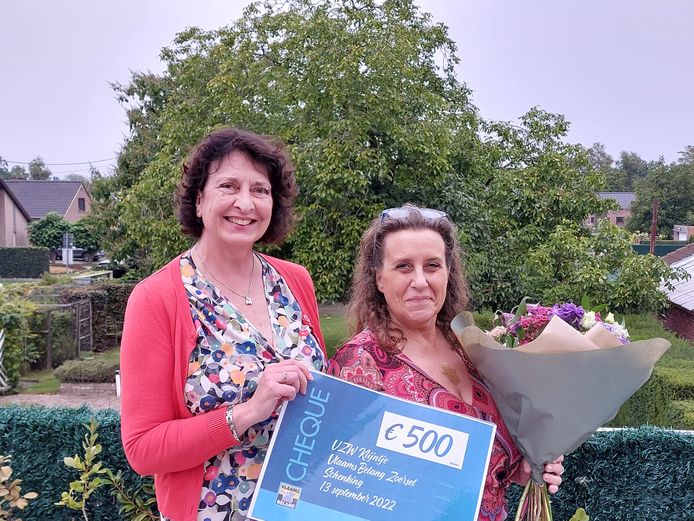 Vlaams Belang-bestuurslid Marianne Jacobs (links) schenkt de cheque van 500 euro aan Ingrid Matthijsen van de nieuwe VZW Klijntje