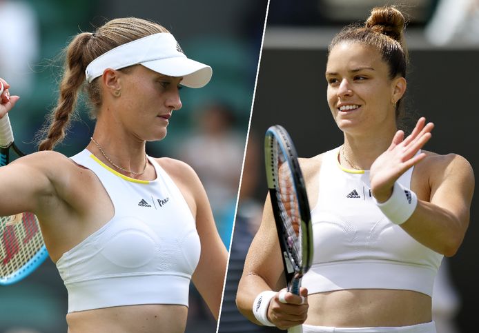 Links Mladenovic, rechts Sakkari: beiden werkten ze hun opener op Wimbledon af in een zogenaamde 'crop top'.