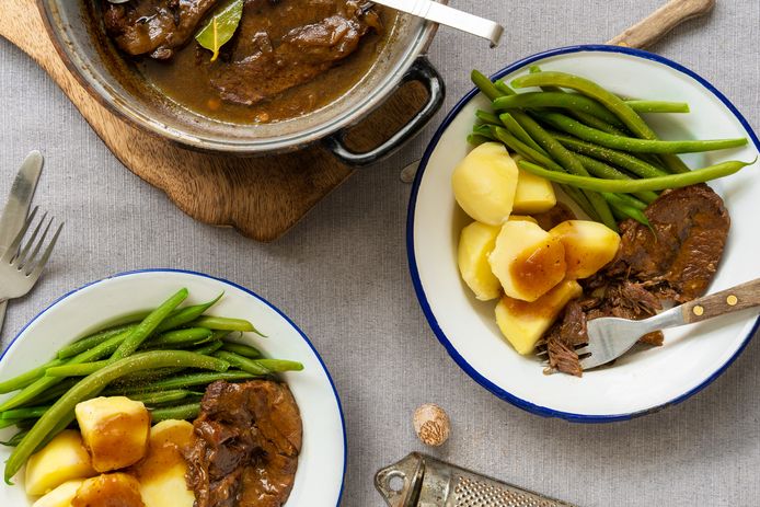 Draadjesvlees met aardappelen en sperziebonen