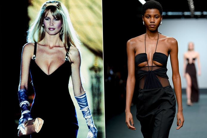 Links: Claudia Schiffer op de catwalk van Versace in 1995. Rechts: modeshow Nensi Dojaka in 2022.