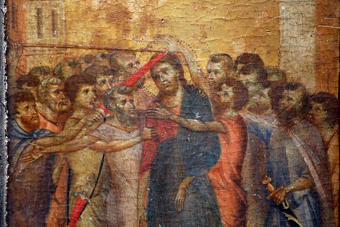 Een detail van het schilderij ‘De Bespotte Christus’ van Cimabue dat voor een recordbedrag van 24 miljoen euro geveild is.