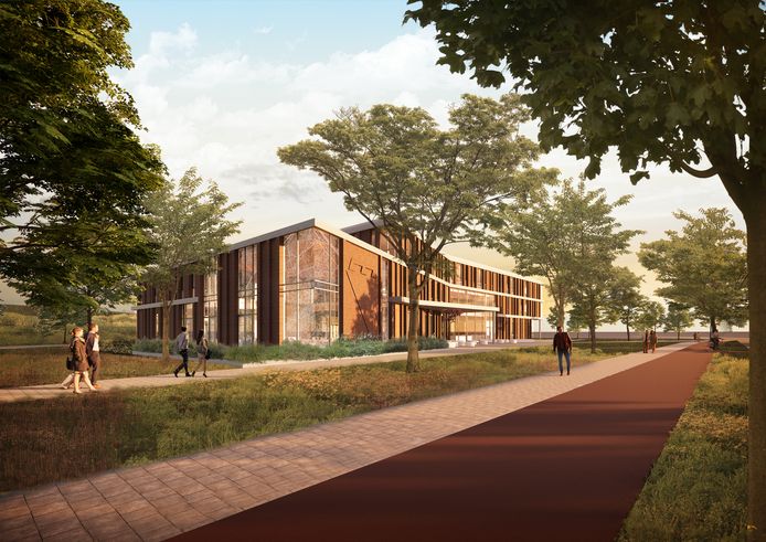 Het nieuwe gemeentehuis vanaf de spoortunnel. Links voor de raadzaal. De wanden tussen de gevels zijn op deze tekening uitgevoerd in metselwerk.