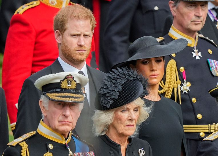 Prins Harry, Meghan Markle, koning Charles en Camilla. Beeld AP