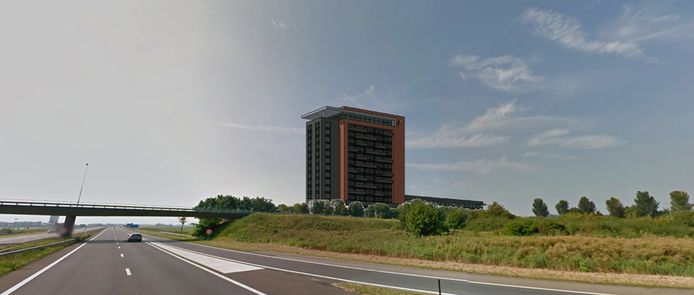 Impressie van de eventuele toekomstige hoteltoren in Goes, hier gezien vanaf de Deltaweg richting het zuiden.