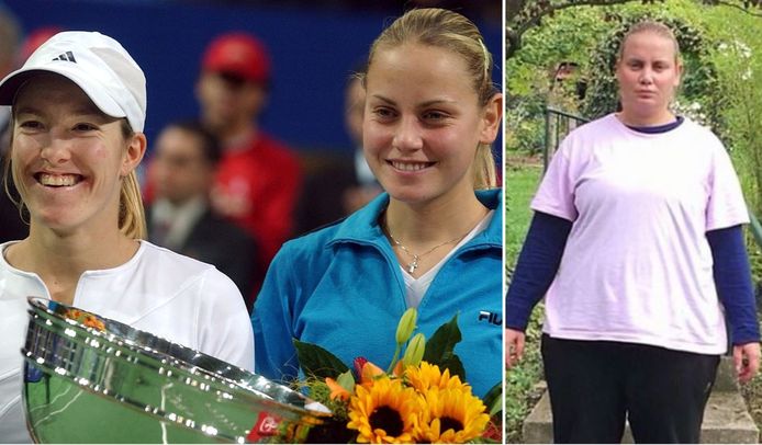 Links: Jelena Dokic (r) met Justine Henin na de finale van een toernooi in het Zwitserse Zürich in 2003.
Rechts: Dokic toen ze in oktober 2018 ongeveer 120 kilogram woog.