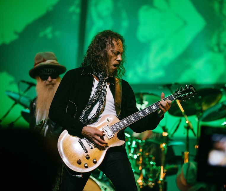 Metallica-gitarist Kirk Hammett op het tribute-concert, met Fleetwood Mac-oprichter Peter Greens Les Paul-gitaar uit 1959, die hij op een veiling had gekocht.  Beeld Ross Halfin