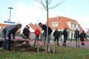 Wim Hulshof (links) van het Fonds ‘Vereniging Volksheil’ en wethouder Maikel van der Neut plantten een linde in het Cycloonpark.