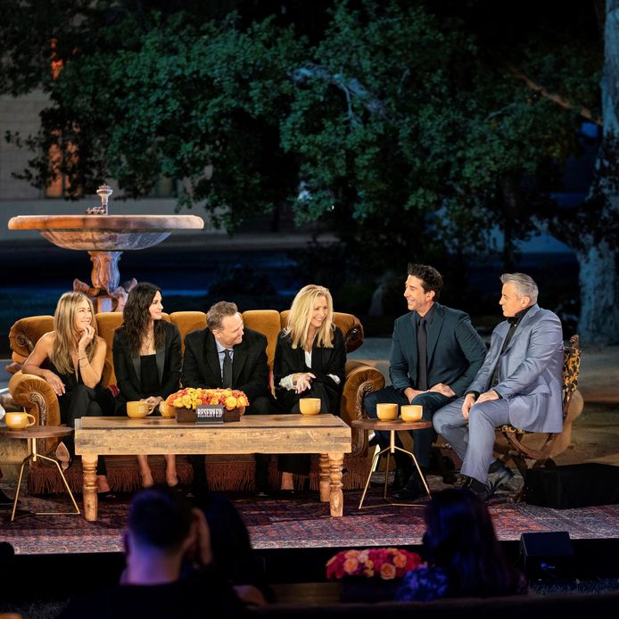 De cast van Friends' (L-R) Jennifer Aniston, Courteney Cox, Matthew Perry, Lisa Kudrow, David Schwimmer en Matt Leblanc.