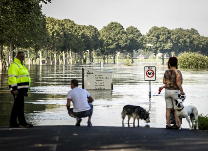 De toegangsweg naar het dorpje Bergen staat onder water door de hoge waterstand van de Maas, de bewoners zitten daardoor vast in het dorp.