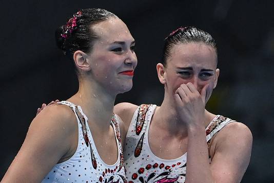 Emoties bij Marta Fiedina en Anastasiya Savchuk na het veiligstellen van hun bronzen plak.