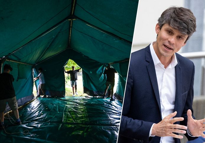 Chirogroep bouwt tent op / Vlaams minister van Jeugd Benjamin Dalle (CD&V).