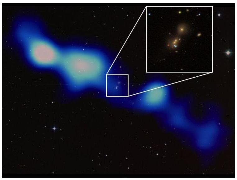 Het enorme nieuwe sterrenstelsel (blauw-witte kleuren) over een optisch beeld uit de Digitized Sky survey. De inzet laat het drietal sterrenstelsels zien. Beeld Sloan Digital Sky Survey