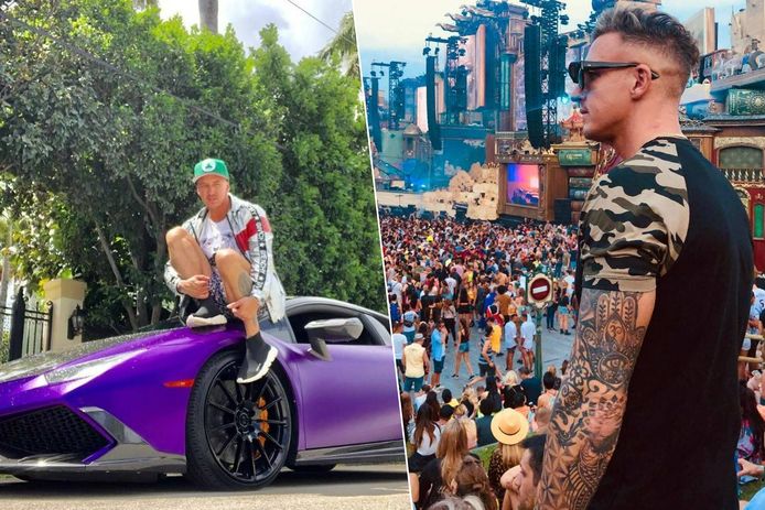 De 41-jarige influencer Fernando Pérez Algaba pronkte met luxewagens op zijn sociale media (links) en feestjes (rechts op Tomorrowland in 2019).