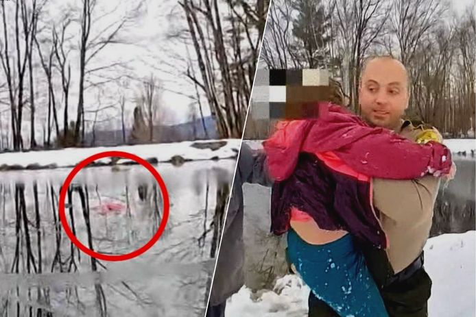IJzingwekkende beelden: agente redt 8-jarig meisje dat door ijs van bevroren vijver zakte: "Ik ben geen heldin, ik deed gewoon wat moest"