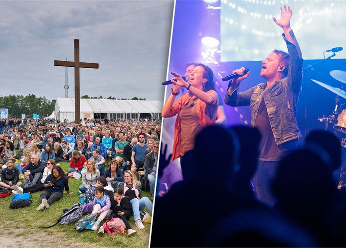 Links een eerdere editie van Opwekking, rechts de band InSalvation.