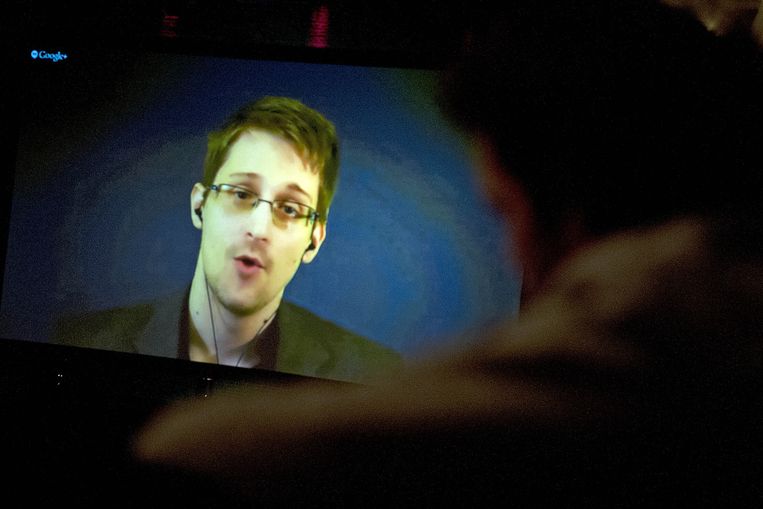 Snowden tijdens een videoconferentie. Beeld anp