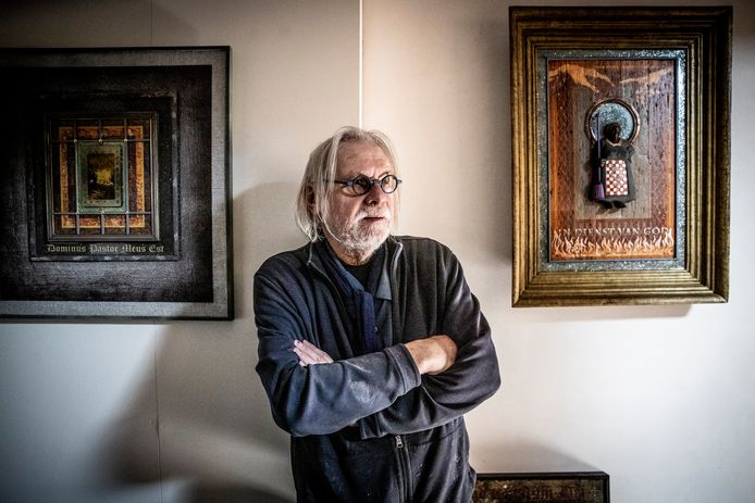 ED20230313-0001-Eersel-Kunstenaar Harry Verhoeven bij enkele van zijn werken. Verhoeven krijgt een expositie in de Sint-Janskathedraal in 's-Hertogenbosch.