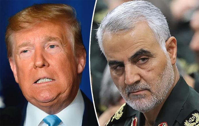Links Amerikaans president Trump, rechts generaal Qassem Soleimani die werd gedood door een Amerikaanse droneaanval.