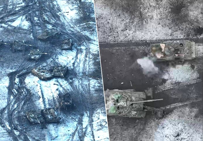 На кадрах видны поврежденные российские танки в поле после обстрела Волдаря на Украине.