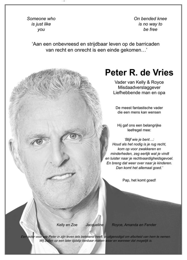 Paginagroot Rouwbericht Van Kinderen Peter R De Vries In Nederlandse Kranten De Morgen