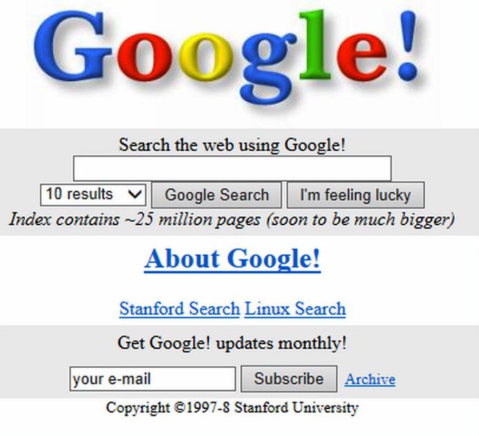 De search Engine van Google zoals hij er uit zag in 1998