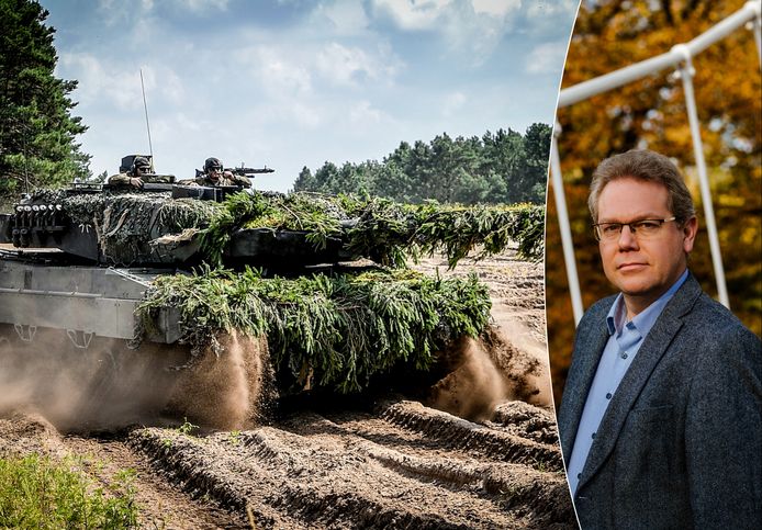 Links: Leopard 2-tanks. Rechts: professor internationale politiek David Criekemans