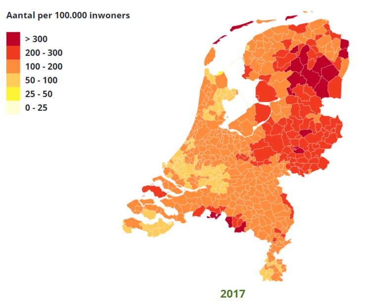 Het aantal gevallen van Lyme per 100.000 inwoners is het grootst in de provincie Drenthe. Beeld Tekenradar.nl