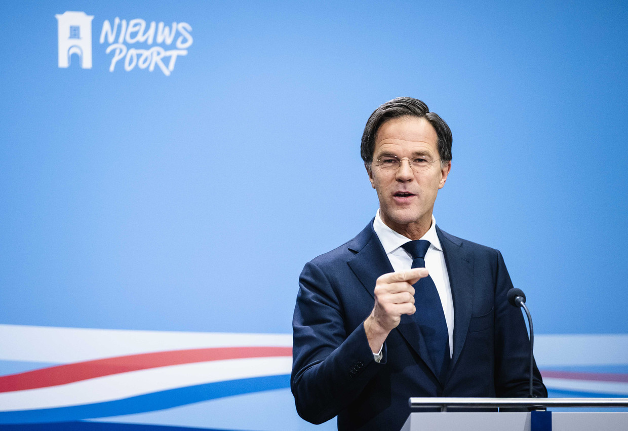 Minister-president Mark Rutte vrijdagmiddag tijdens de persconferentie na afloop van de ministerraad. Beeld ANP