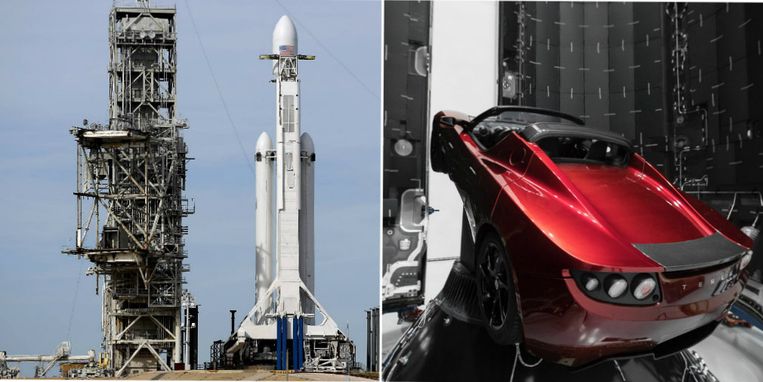 De krachtigste draagraket staat klaar in haar lanceerplatform. Aan boord ook de rode Tesla van Elon Musk. Als de lancering lukt, zal de auto járen in de ruimte zweven.