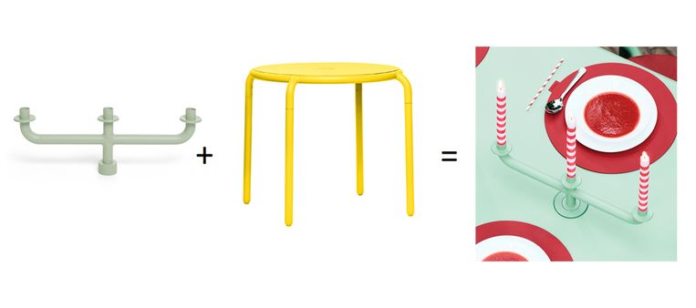 ‘Toní’-kandelaar (€39) + ‘Toní Bistreau’-tafel (€ 379) met gat voor parasol of kandelaar = buiten dineren bij kaarslicht. fatboy.com Beeld 