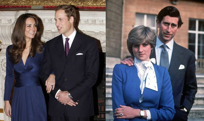 William en Kate bij de aankondiging van hun verloving, naast Charles en Diana bij de aankondiging van hun verloving.