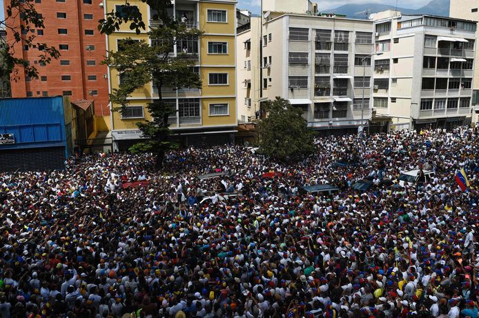 Luchtbeeld van een betoging van aanhangers van interim-president Juan Guaido in Caracas op 9 maart 2019.