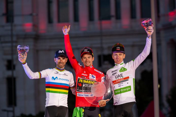 Het Vuelta-podium van vorig jaar: Roglic won voor Valverde en Pogacar.