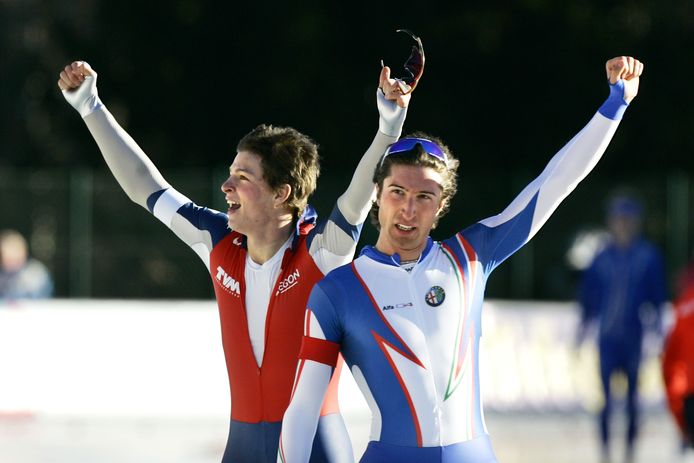 2007, EK allround in Collalbo: Sven Kramer en Enrico Frabris juichen beiden ná de 1500 meter. Fabris liet 1.44,72 klokken, 1.44,86.